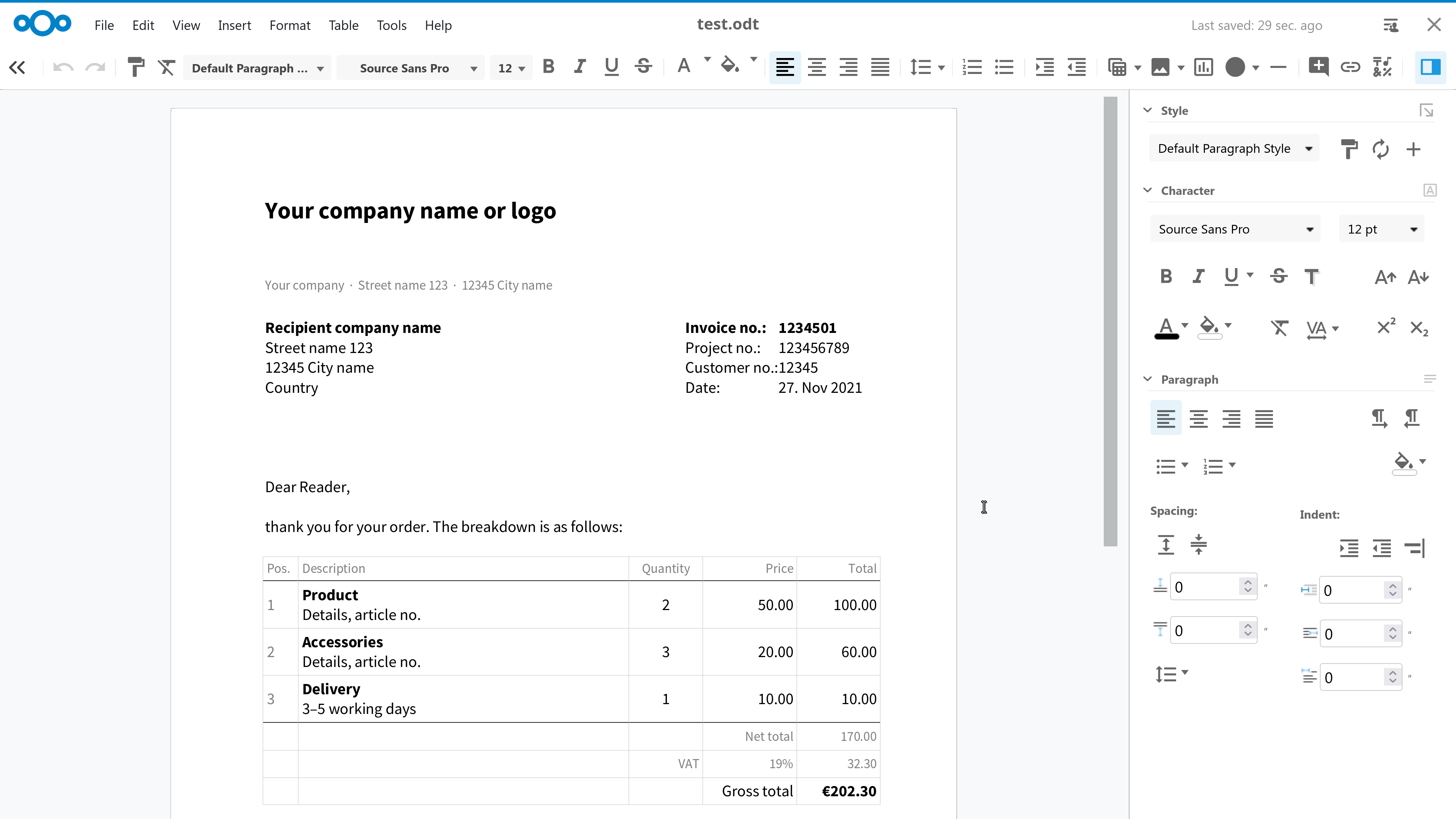 Nextcloud Office document editing interface with collaborative editing